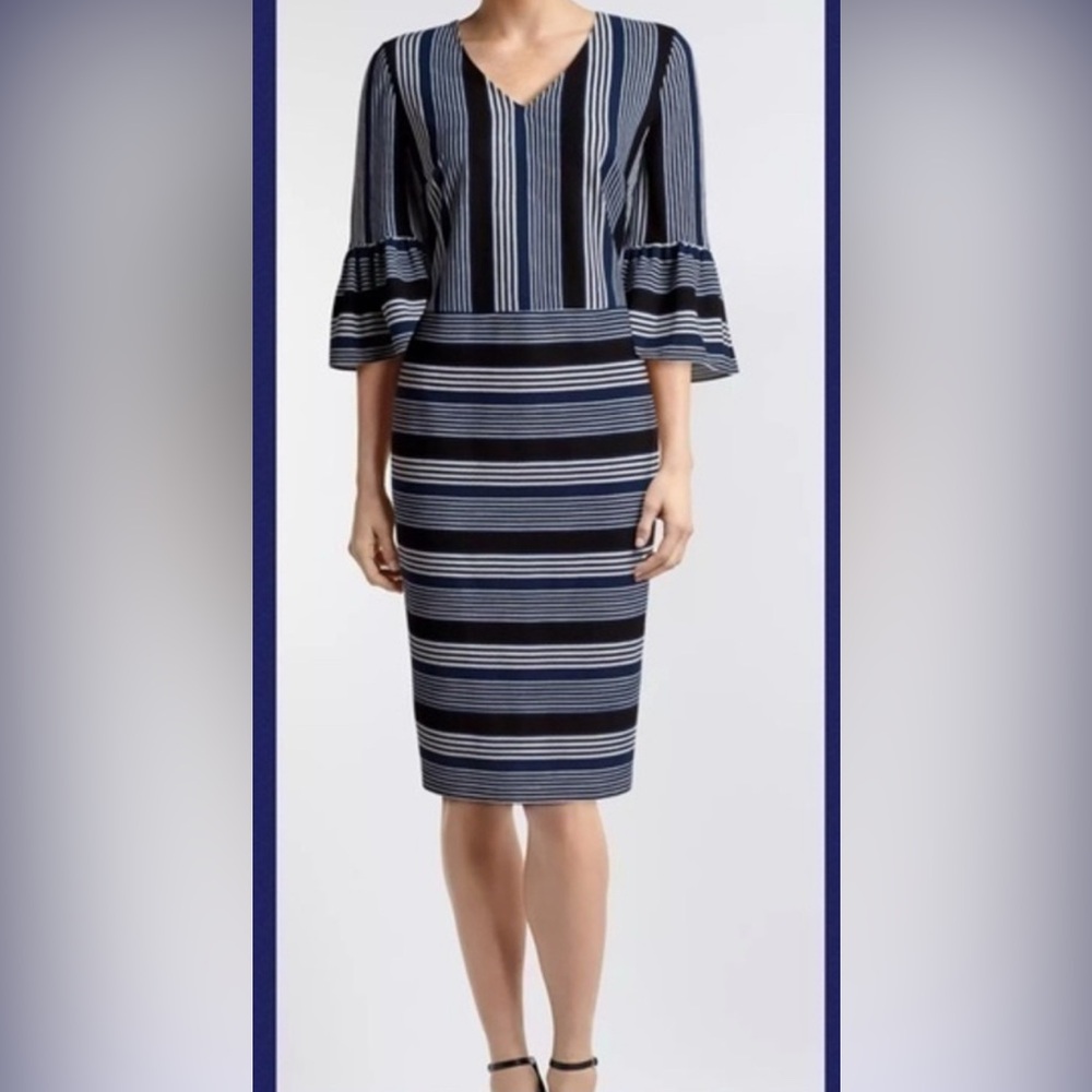 ECI Navy and White Striped Bell Cuff Career Dress Size 10